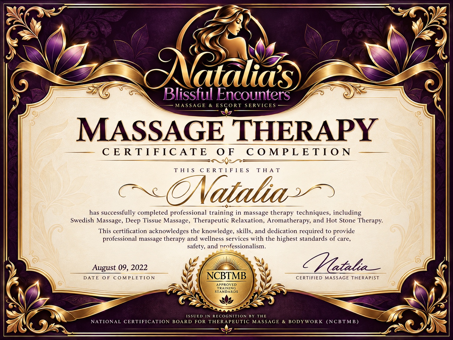 Massage therapy completion certificate provided by Natalia, dated August 9, 2022